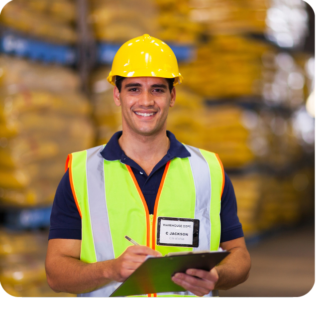 Construction and logistics professional in a warehouse